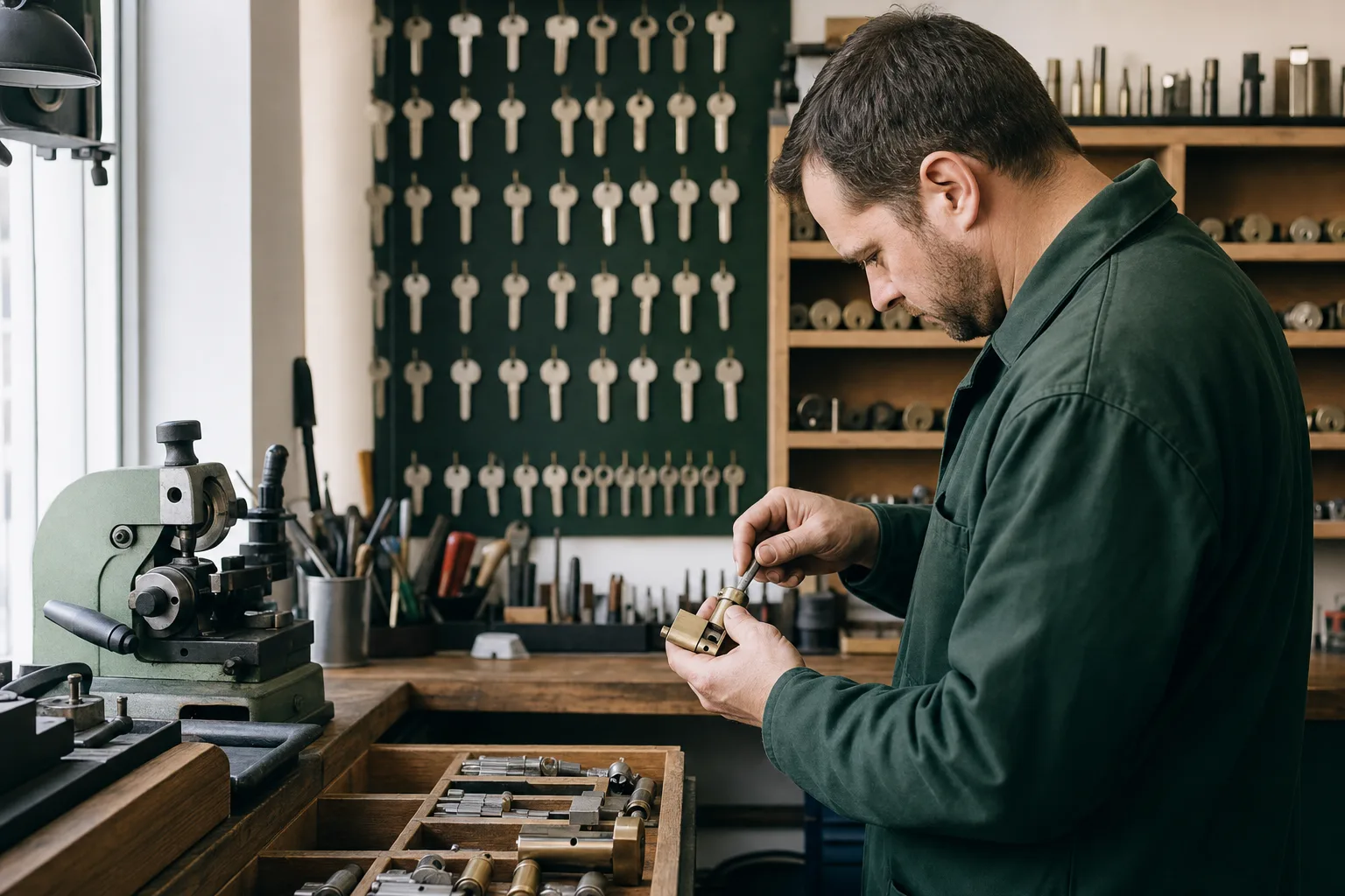 Independent locksmith working on a lock cylinder at a workshop bench